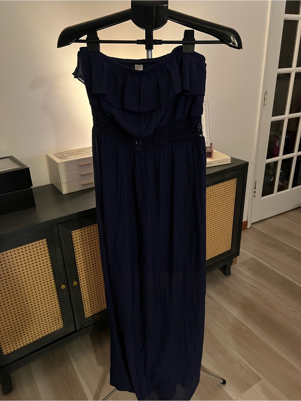 No Boundaries Navy Strapless Ruffle Maxi Dress